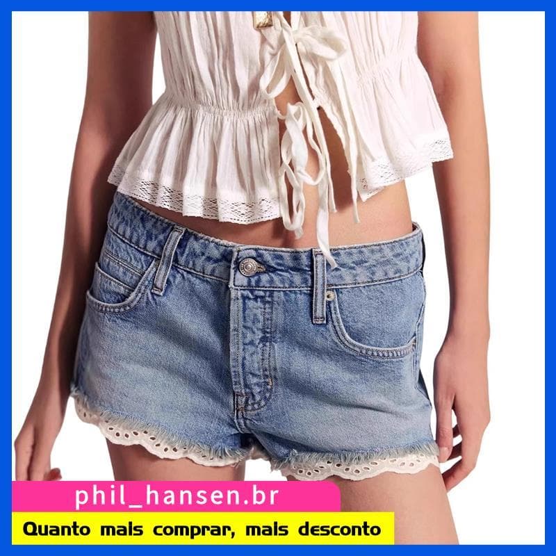 Shorts Jeans Femininos De Cintura Baixa Com Painéis De Renda , Calças Curtas Elásticas De Verão , Azul XS