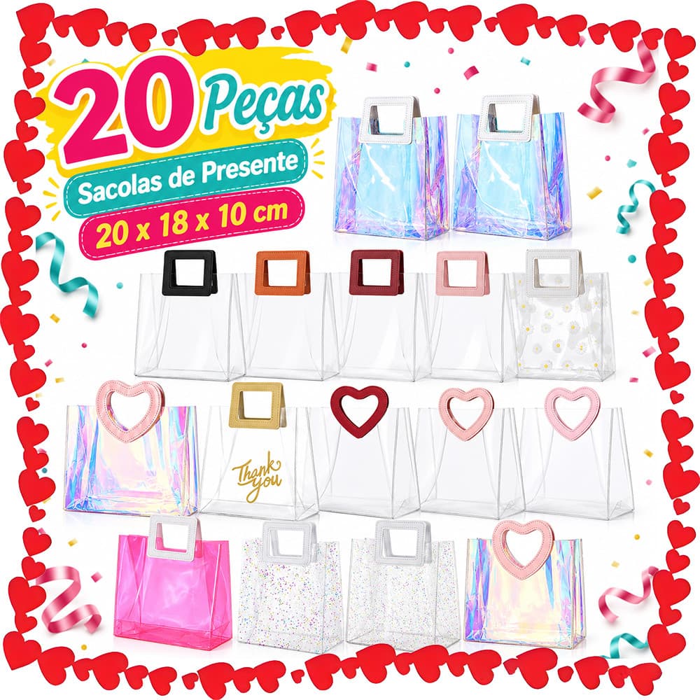 20 x 18 x 10 cm, Kit com 20 Sacolas de Presente em PVC Resistente à Água, Práticas para Festas e Uso Cotidiano