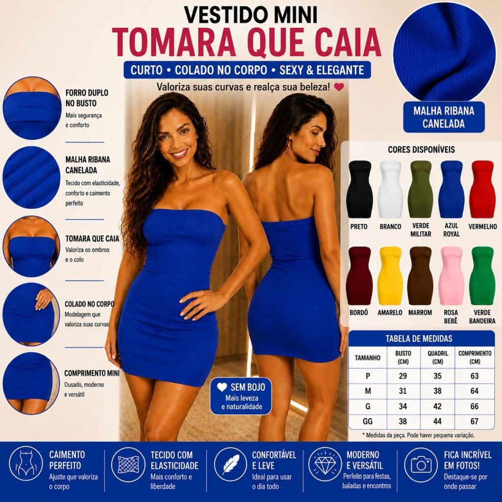 Vestido Curto Feminino Tomara Que Caia Tubinho Mini Forro Duplo Canelado Ribana Moda Gringa