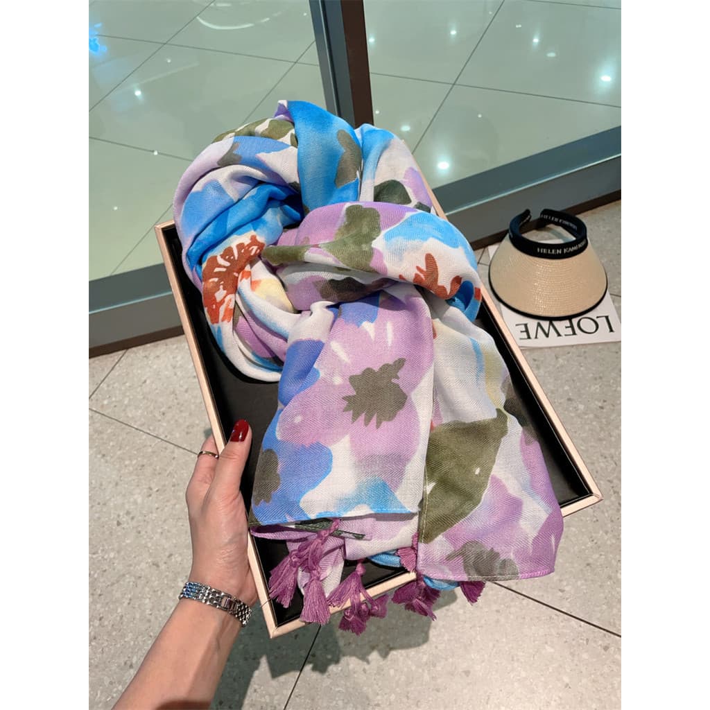 Respingo tinta grande flor lenço de seda feminino primavera verão viagem beira-mar protetor solar grande xale outono fin