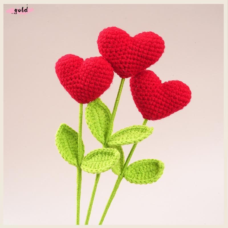 Ouro 1 Peça Artesanal Crochê Coração Buquê Fio Amor Flores Com Hastes Verdes Presente Romântico Para O Dia Dos Namorados