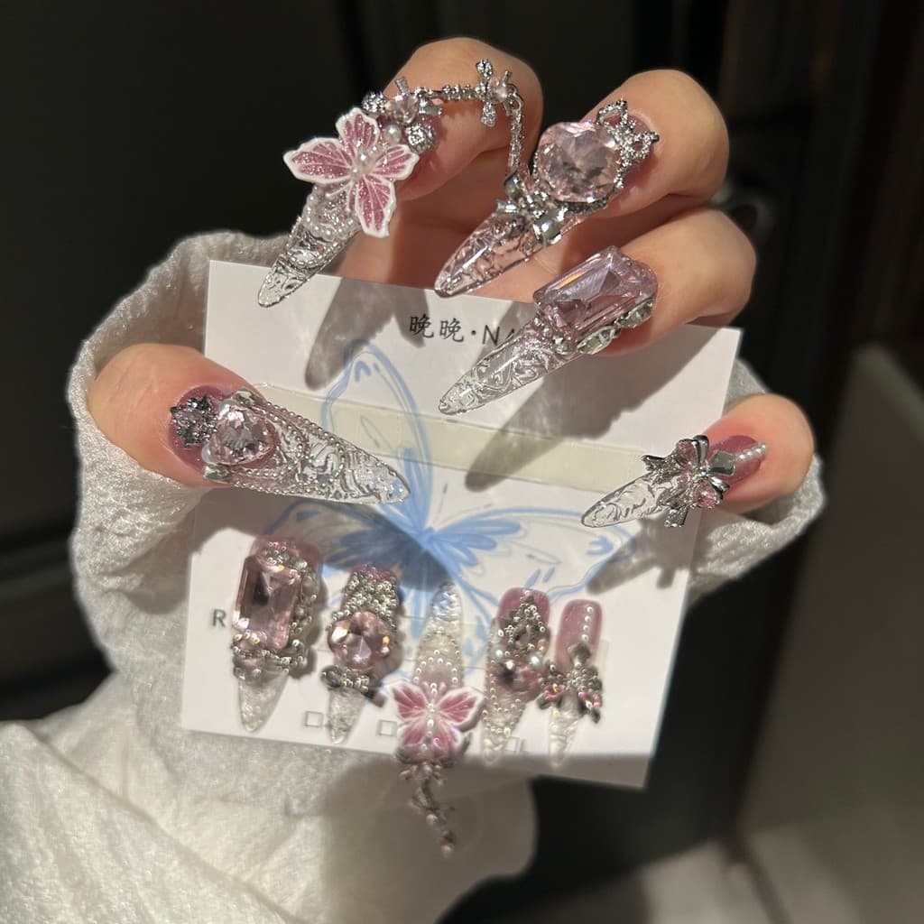 Unhas Artesanais Ice Fairy Butterfly com Efeito de Gelo Quebrado, Fotos Reais de Alta Qualidade, Produtos de Alto Padrão