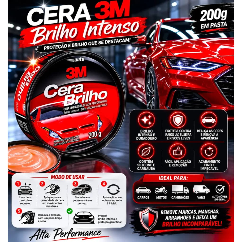 Cera Brilho 3M Auto Limpadora 200g - Com Silicone e Carnaúba Brilho Intenso Proteção Veicular
