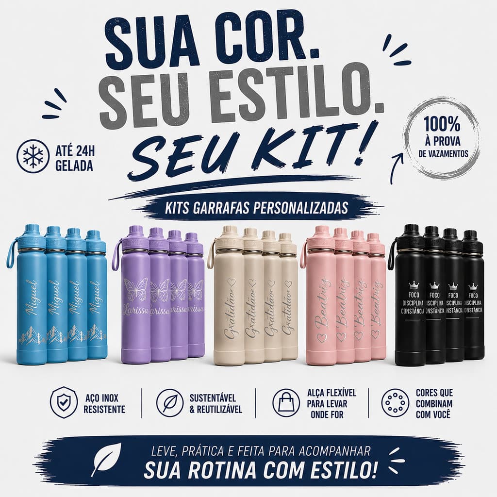 Kit 20, 30 e 40 Garrafas Térmica 800ml Personalizada Com Base De Silicone Para Academia Escola E Trabalho