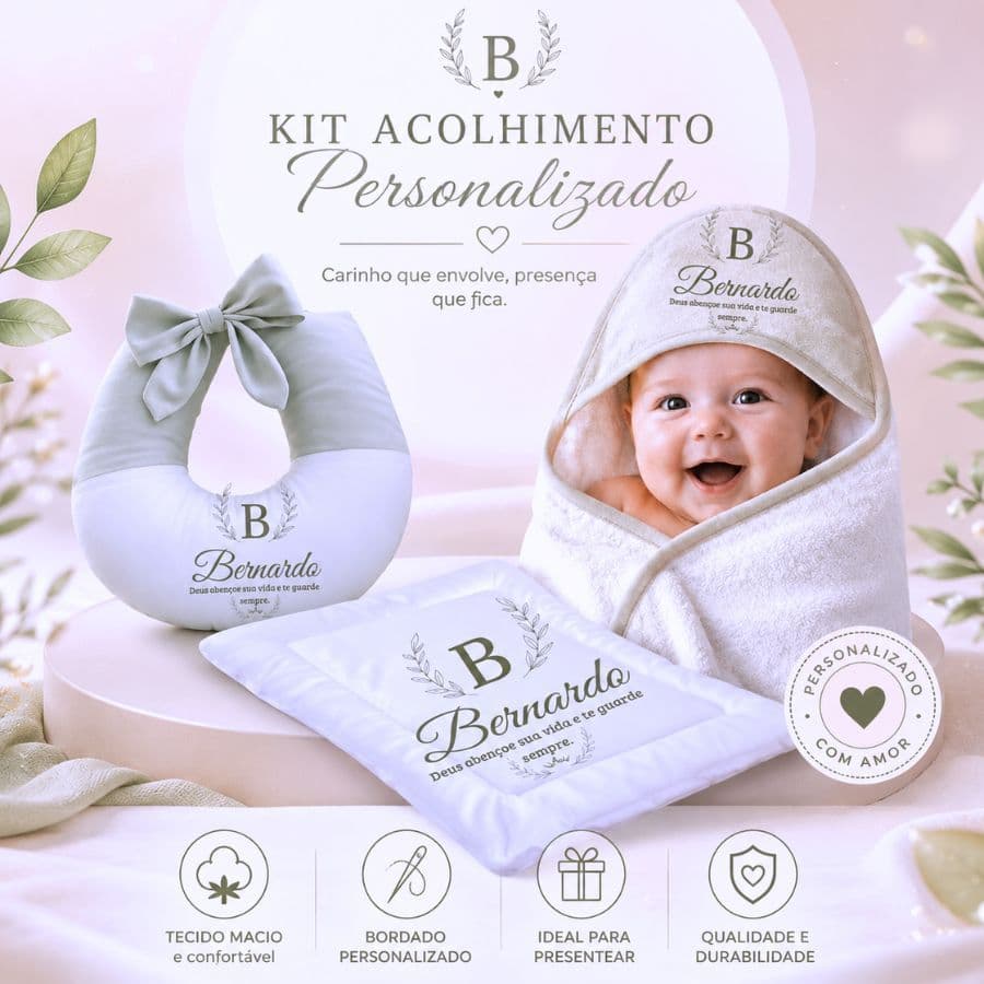 Kit Bebê Personalizado c/ Nome: Almofada Amamentação + Colchonete + Toalha Banho...