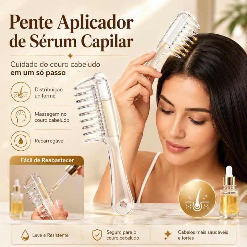 Pente de Cristal Aplicador de Líquido Roll-On para Couro Cabeludo Sérum Capilar Raiz e Cuidados dos Fios