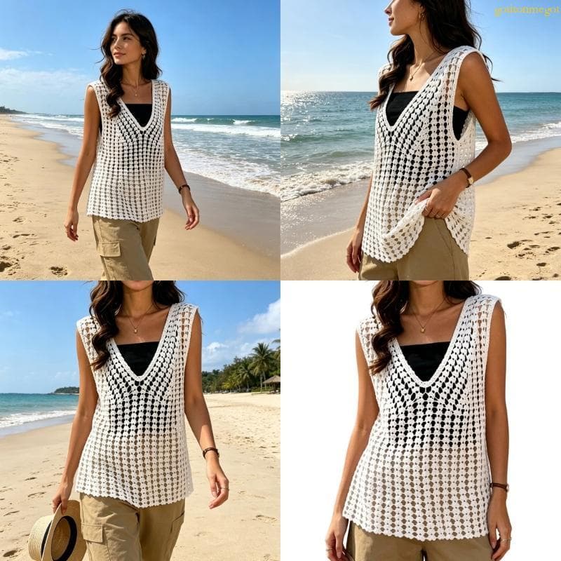 gotitonmegot Regata Feminina Crochê Verão, Casual, Mangas, Malha Vazada, Colete, Camisa Cami, Saída P