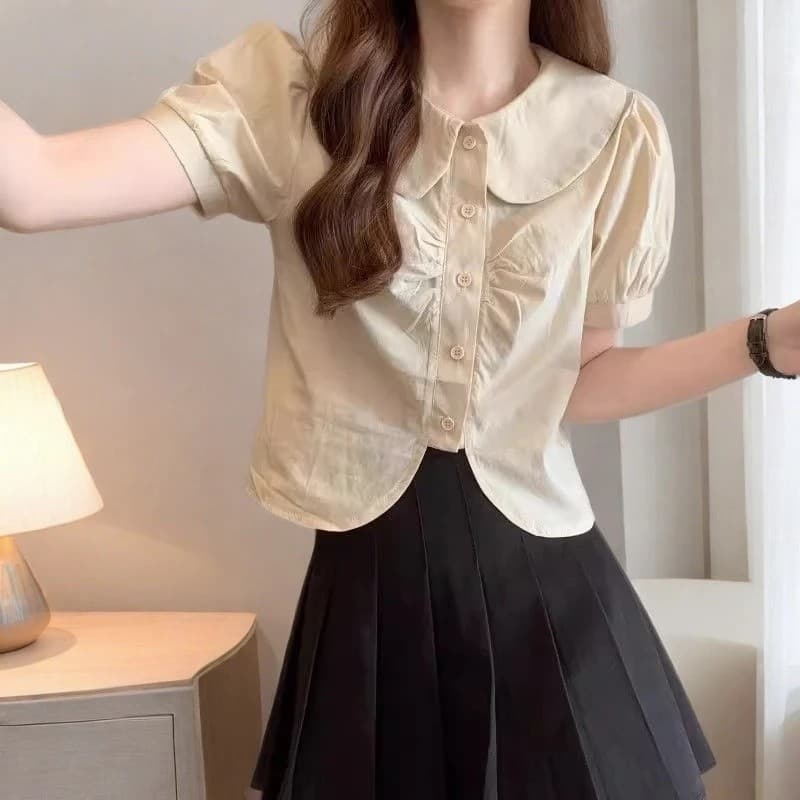 Camisa francesa pequena com gola de boneca, camisa feminina de verão, Design de nicho, exclusivo, doce, curto, verão