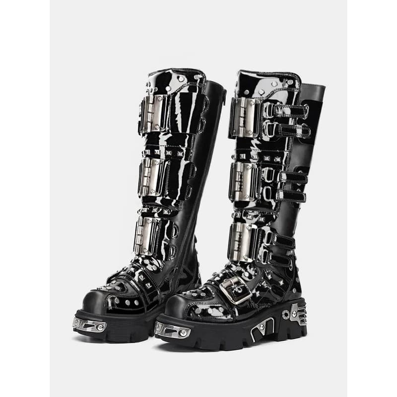 Botas de Motociclista de Salto Grosso Brilhante, Estilo Punk Casual Europeu-Americano, com Fivela de Cinto Retrô, Rebite