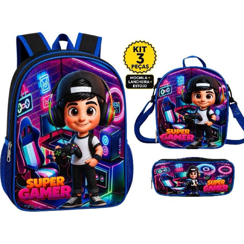 Kit Escolar Infantil Gamer Mochila com forro interno Lancheira térmica + estojo