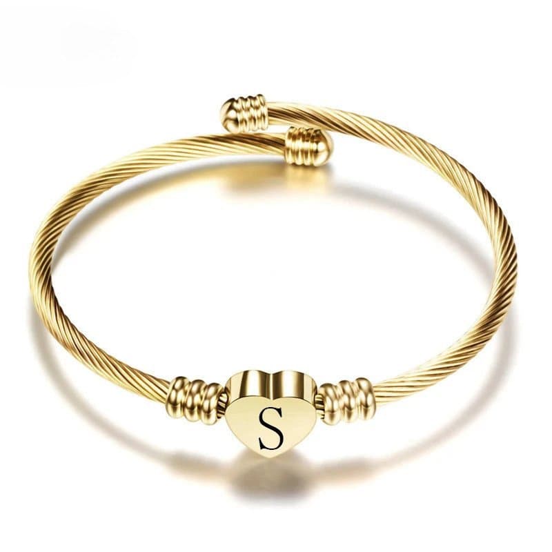 Moda Cor De Ouro Aço Inoxidável Coração Pulseira Letra Inicial Alfabeto Encantos Pulseiras