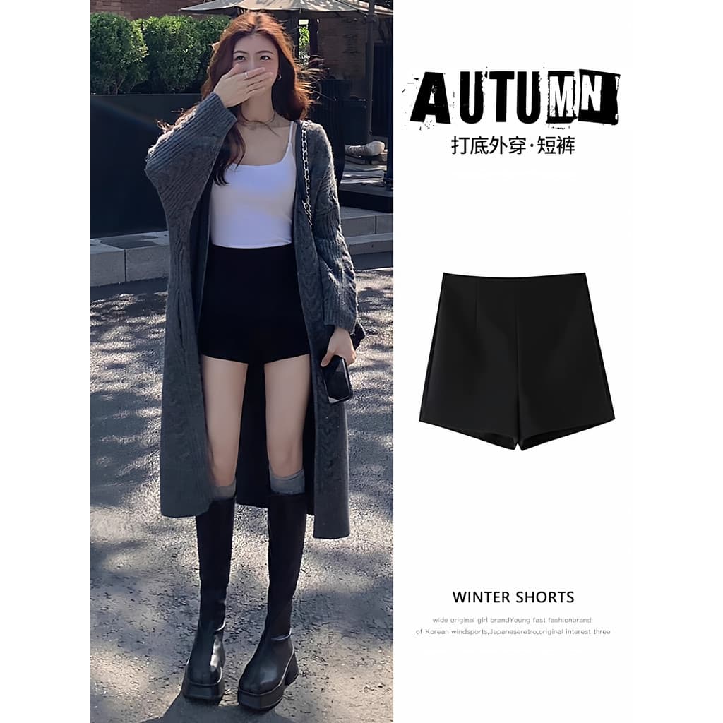 Preto cintura alta Shorts feminino primavera outono inverno exterior Wear 2026 novo estilo mais magro olhar quente menin