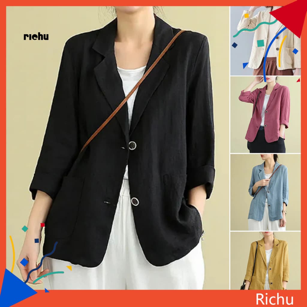 Lightweight Linen Jacket Chic Women Women’s Vintage Cotton Blazer – Long Sleeve Lapel Coat with 2 Buttons Pockets Th