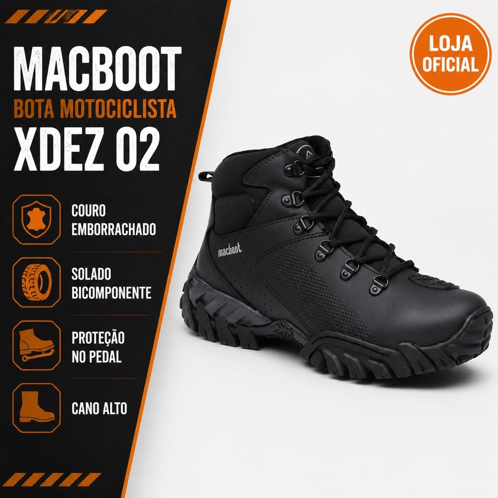 Bota Unissex Motociclista Couro Macboot XDEZ 02 Cano Alto Preta Moto Proteção Antiderrapante