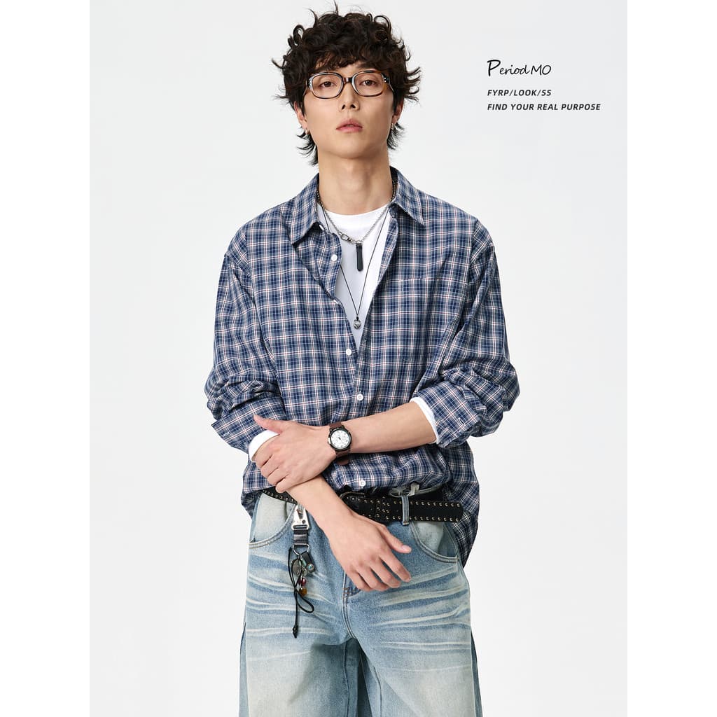 FYRP Momo Americano Retro Azul Xadrez Camisa de Manga Comprida Homens Mulheres Street Wear Primavera Outono Novo Estilo
