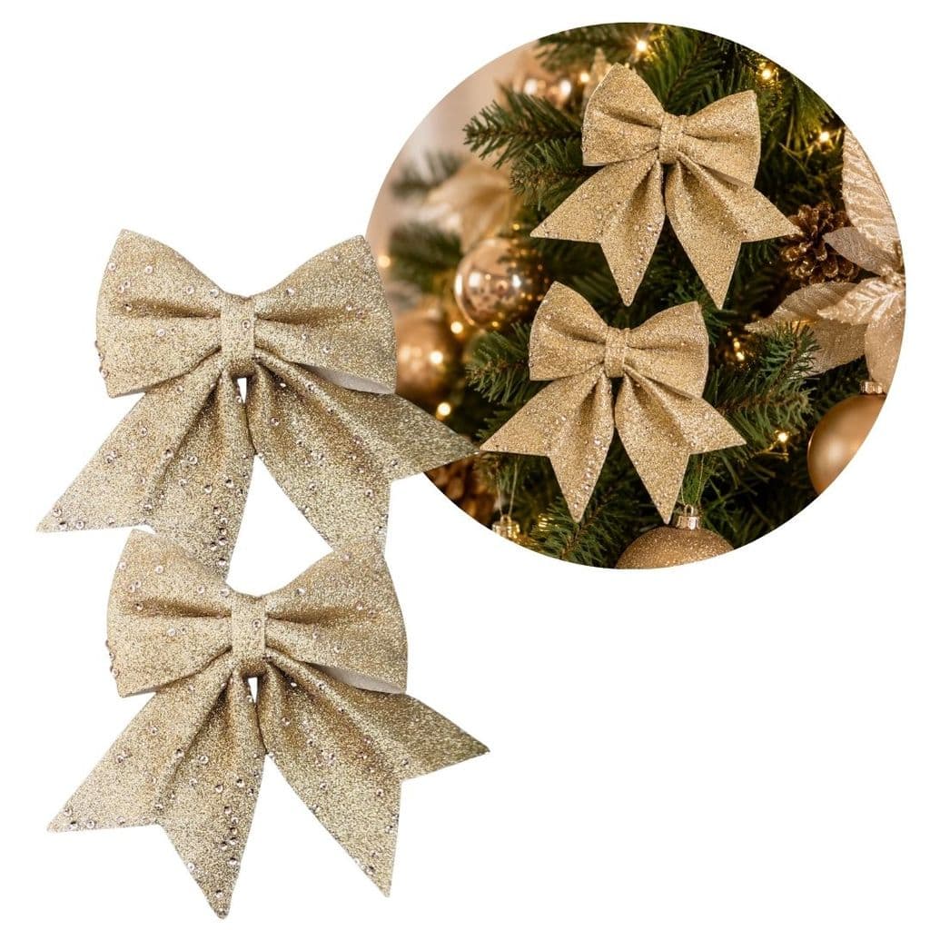 Kit 2 Laços Natalinos Champanhe 13x10cm com Glitter e Lantejoulas Luxo