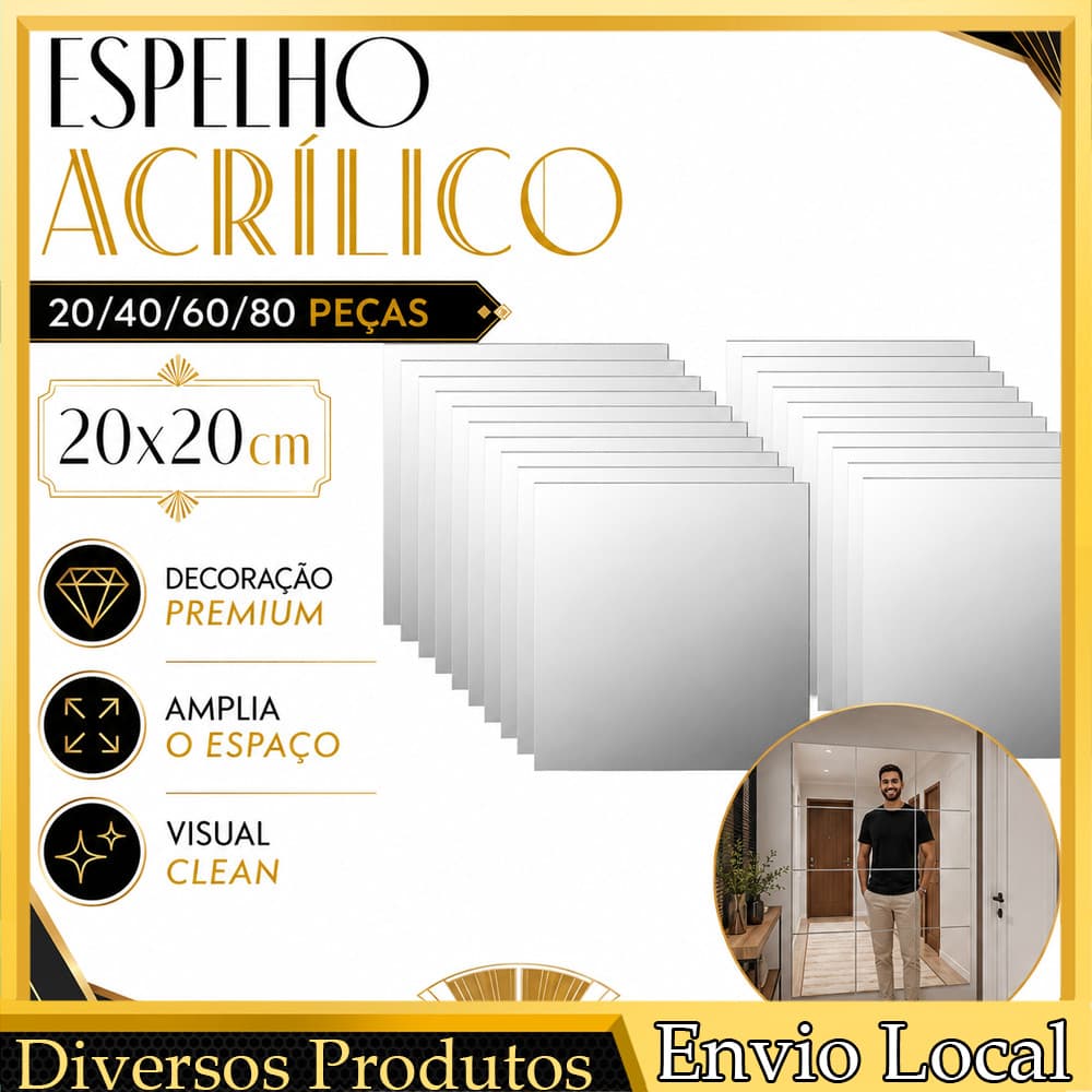 Espelhos Acrílicos Quadrados 20/40/60/80 Peças, para Montar Parede de Espelho em Quarto, Banheiro e Loja de Roupas
