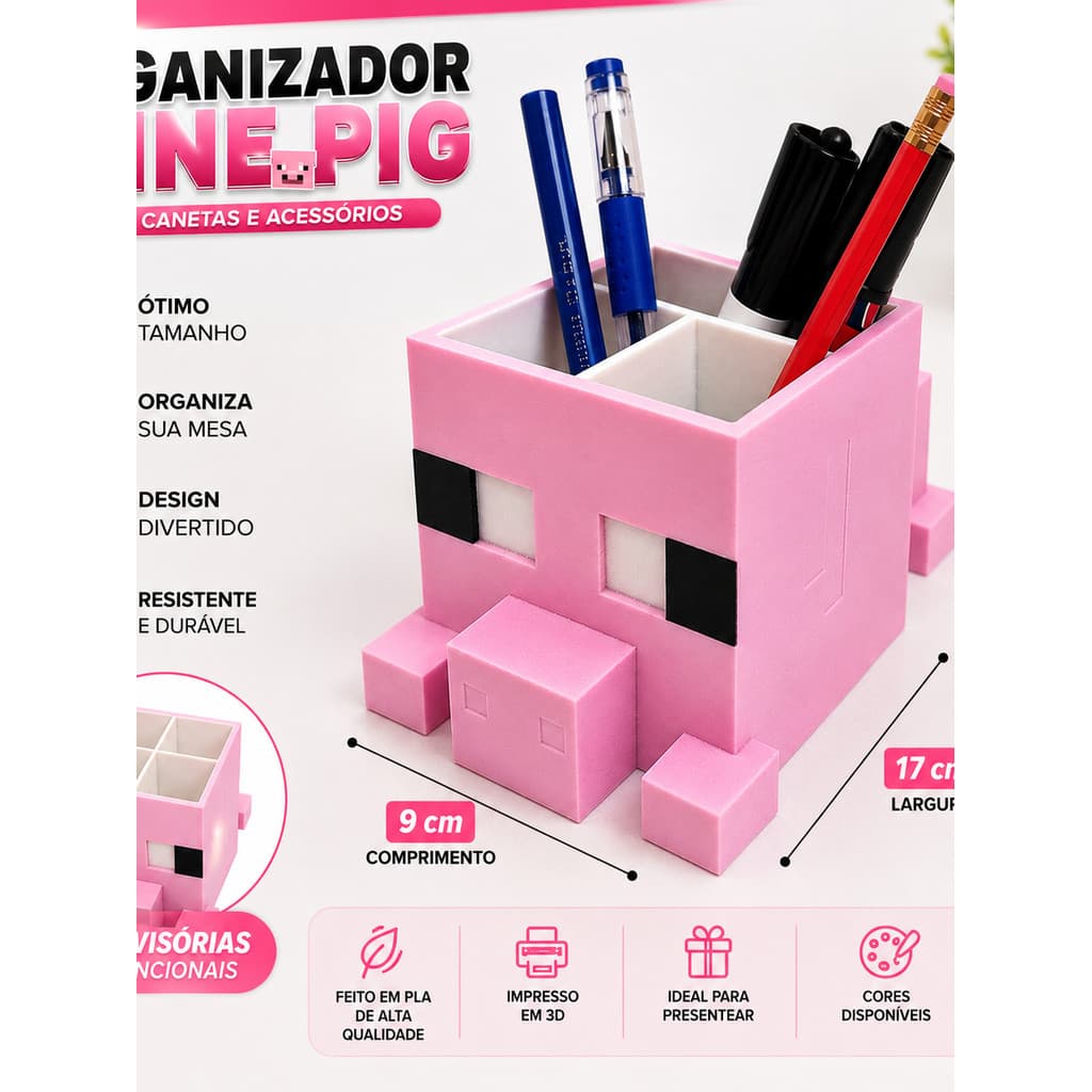 Porta Canetas Mine Pig Organizador de Mesa Minecraft Porta Lápis Porta Trecos Escritório Escolar Infantil