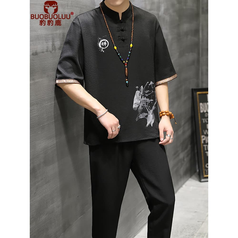 Tang terno estilo chinês calças de manga curta terno Hanfu algodão linho chinês montanha terno masculino Retro solto rou