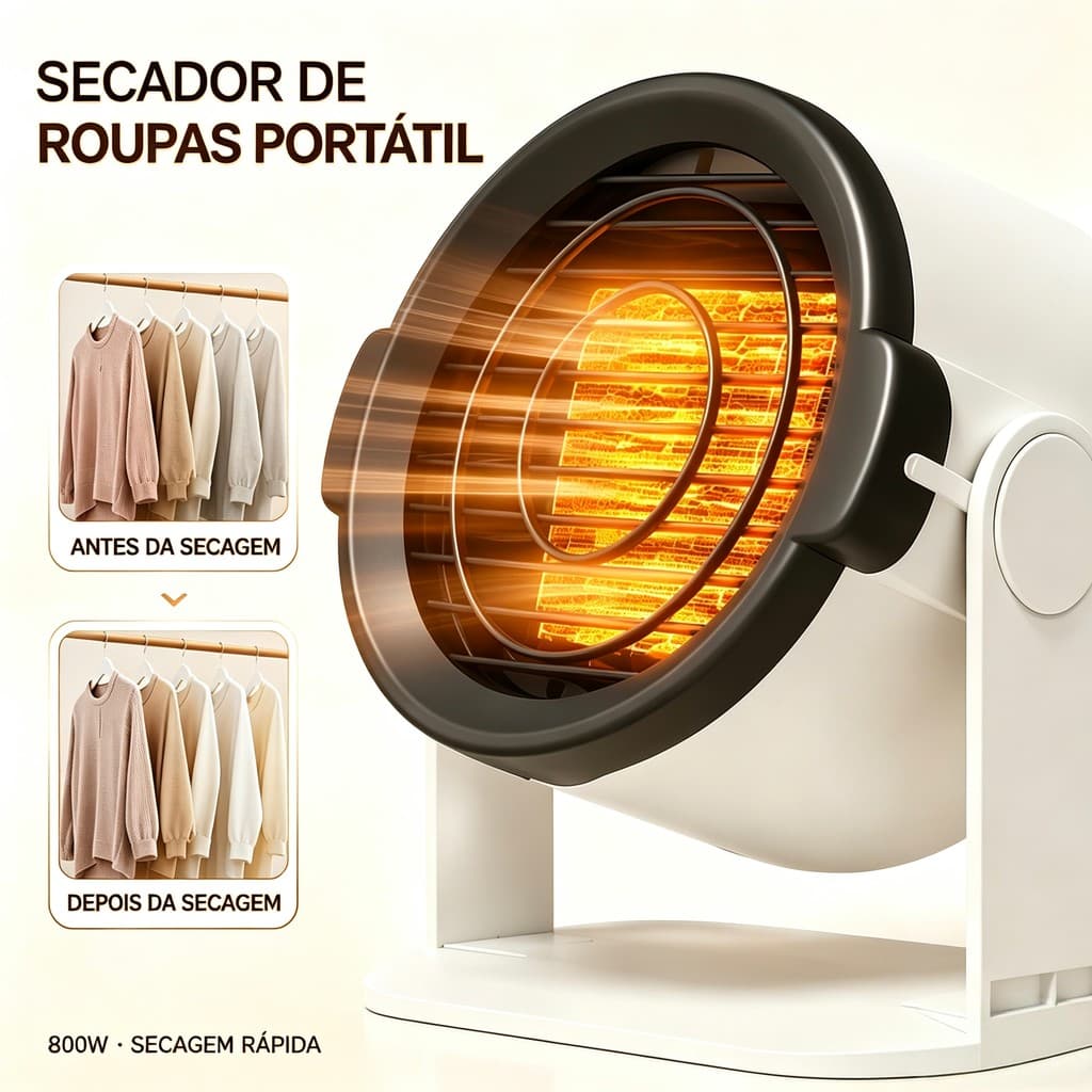 Secador de Roupas Portátil 2 em 1 com Ar Quente Aquecedor Compacto Secagem Rápida para Apartamento