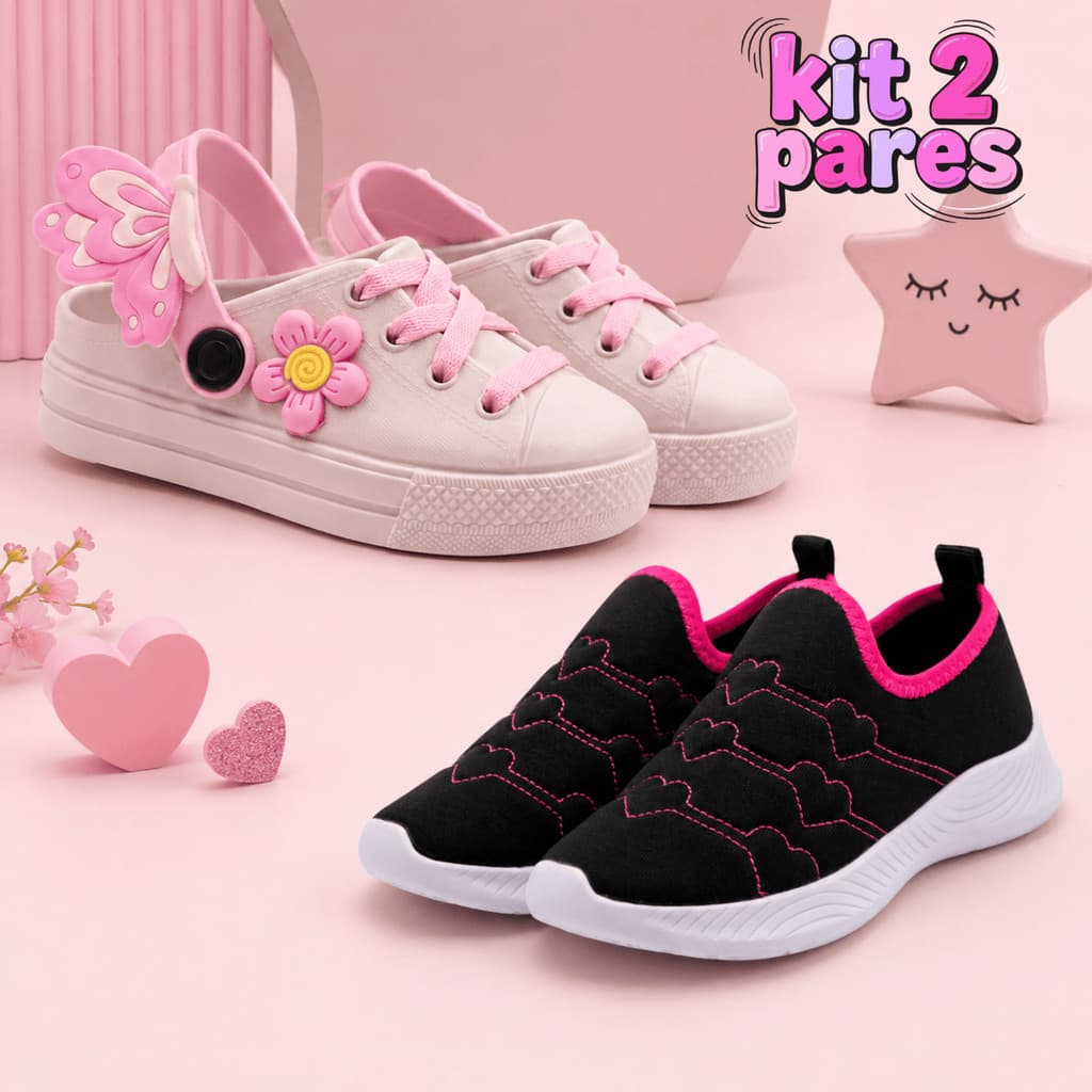 Kit 2 Pares Tênis + Babuche Tênis Infantil Menina e Tênis Feminino Confortável Promoção Volta As Aulas