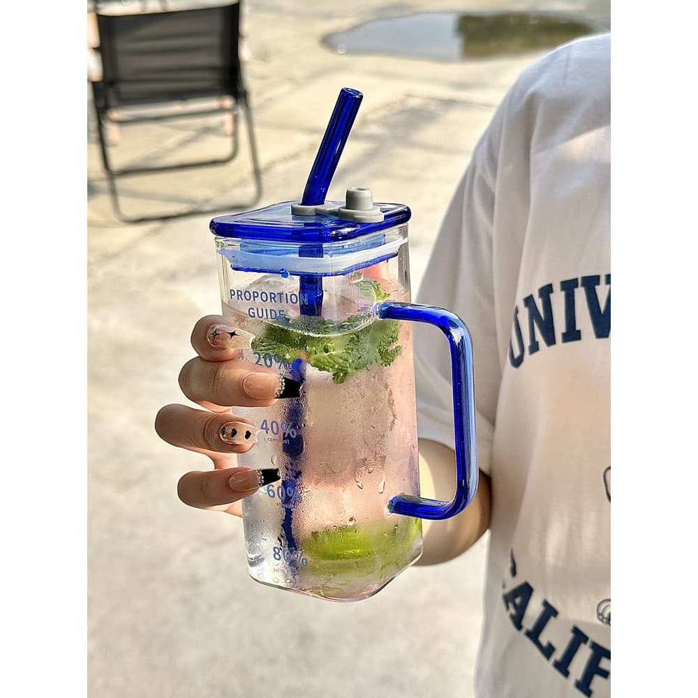 Copo de palha de alto valor para meninas de vidro quadrado, copo para beber doméstico, novo copo simples de suco de leit