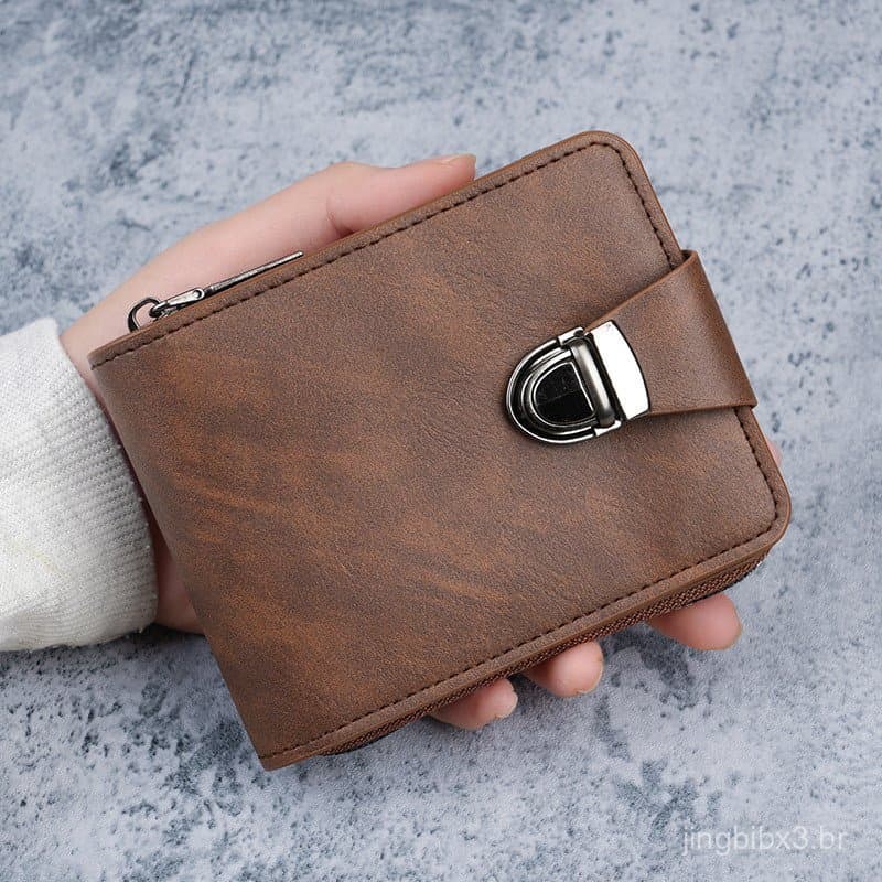 [Promoção] Nova Carteira Masculina Curta Vintage com Zíper, Múltiplos Compartimentos para Cartões, Casual, Grande Capaci