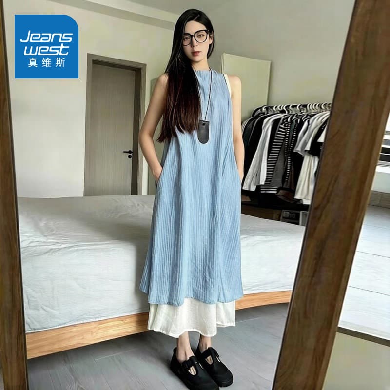 LYA colete Real azul claro colete estilingue vestido feminino 2026 verão novo estilo férias à beira-mar saia longa femin