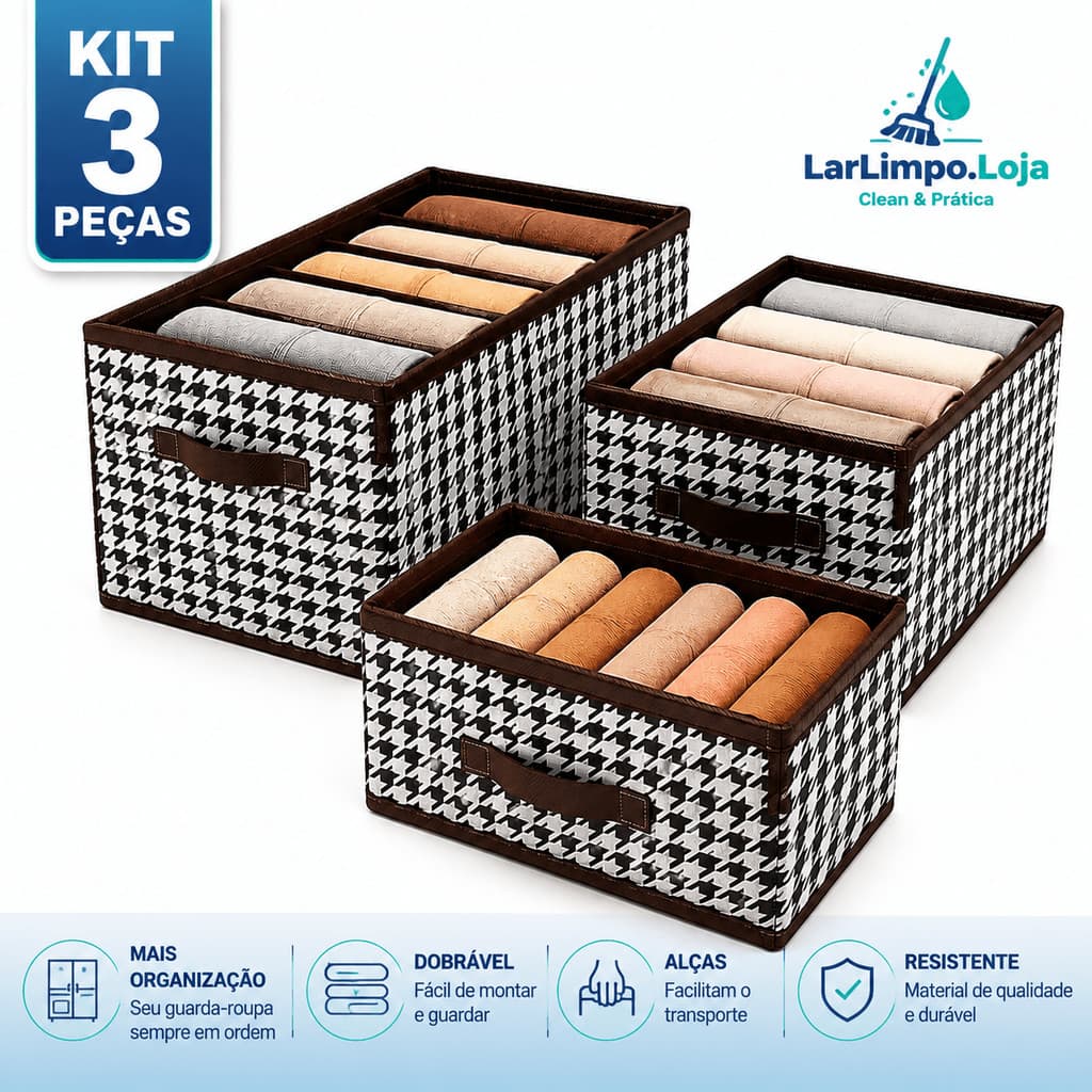 Kit 3 Caixas Organizadoras para Guarda-Roupa, Organizador de Roupas Dobrável Sem Tampa Multiuso