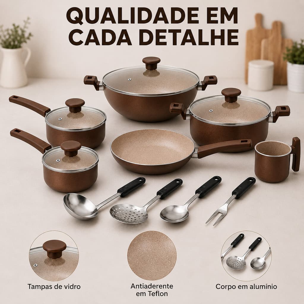 Jogo de Panelas Cerâmica Antiaderente 10 Peças Completo Wok com Utensilios Tampa Vidro
