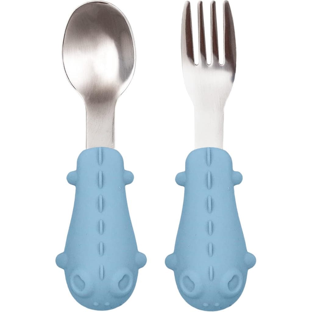 Kit Talheres Silicone e Aço Inoxidável Dino Azul - Buba