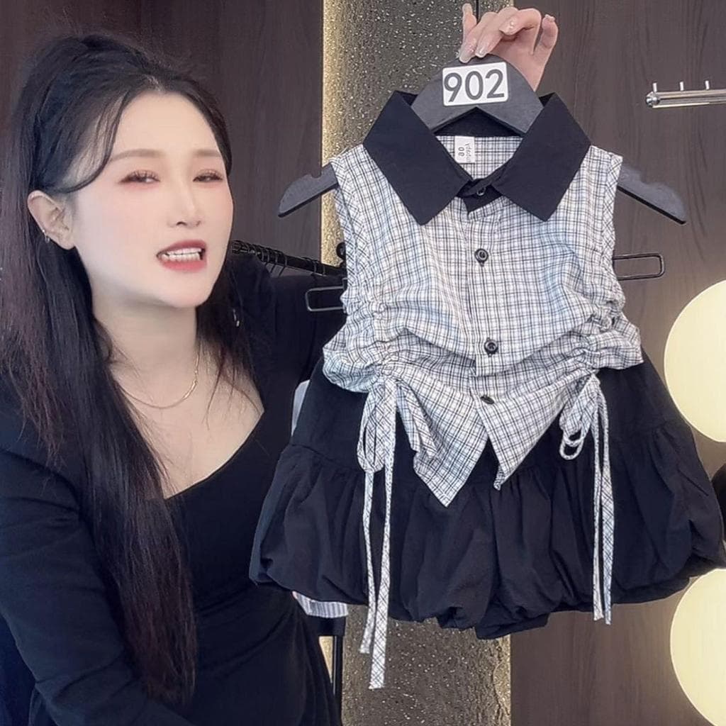 [Seckill por tempo limitado] Camisa xadrez sem mangas para meninas terno primavera verão novo estilo menina elegante cal