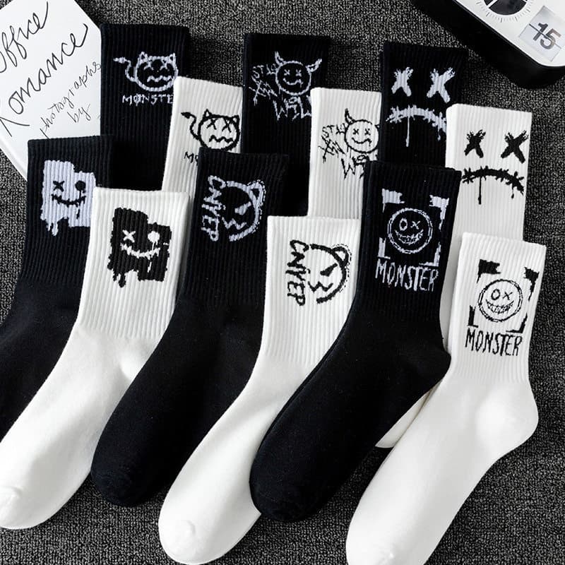 HHR meias masculinas Graffiti careta meias esportivas ins na moda primavera verão preto branco meias masculinas basquete
