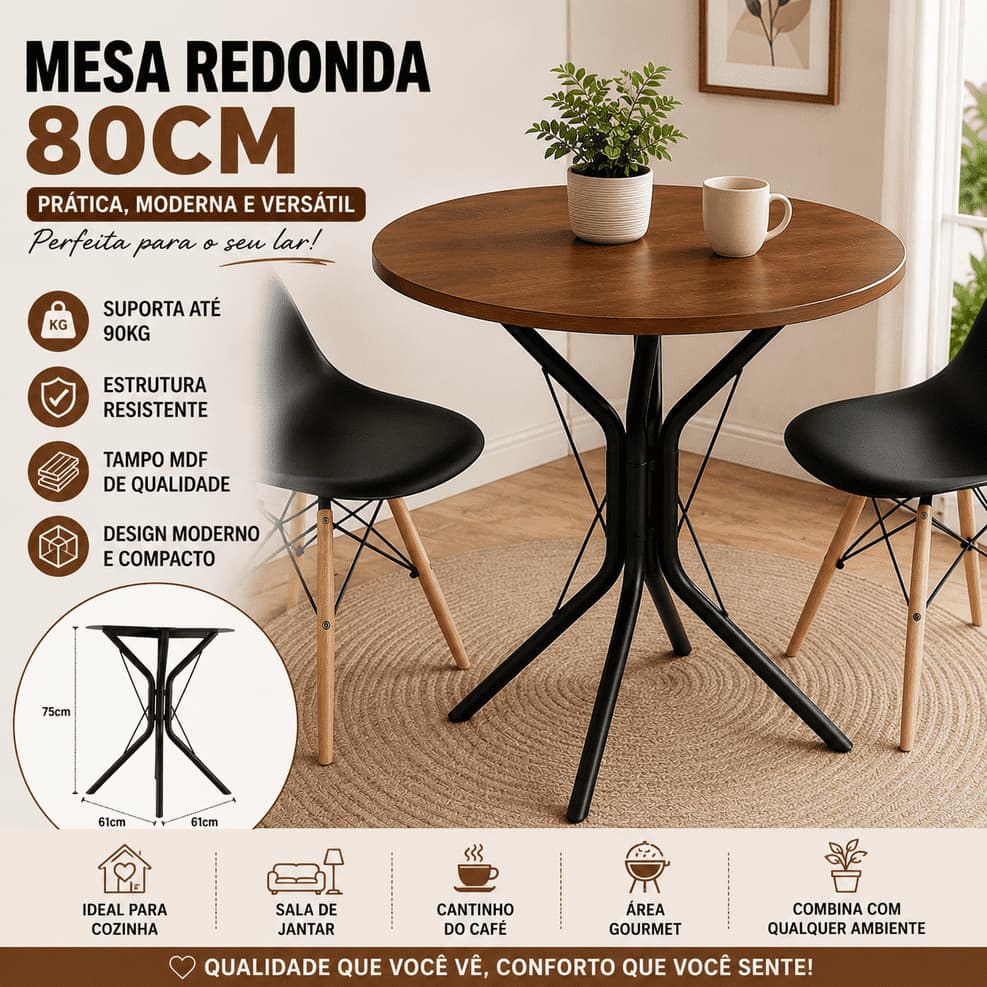 Mesa Multiuso Redonda 80cm Tampo MDF Base Metálica Preta Industrial Cozinha Bistrô Área Gourmet