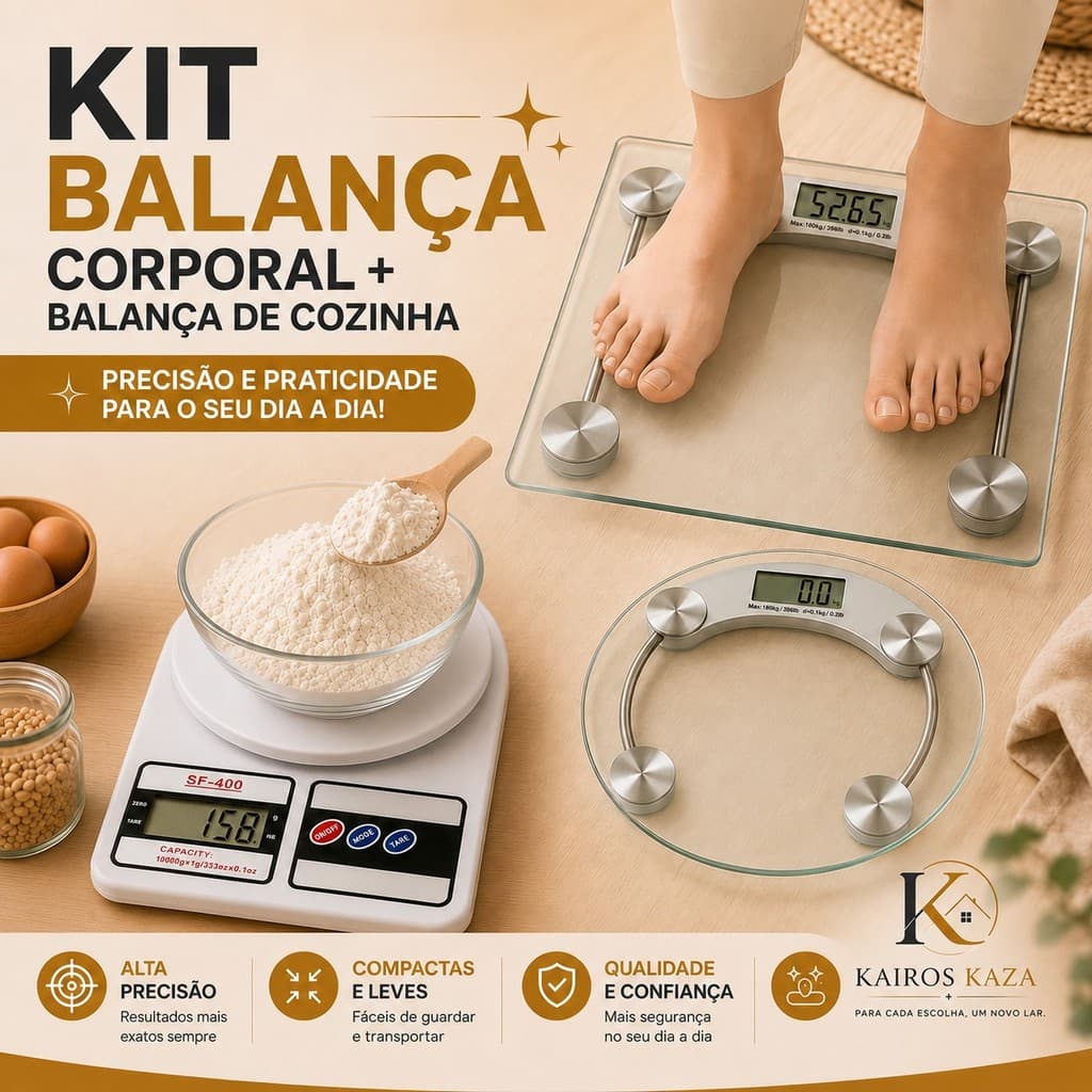 Kit 2 Balanças Digital Para Alimentos e Balança Corporal Com Vidro Temperado
