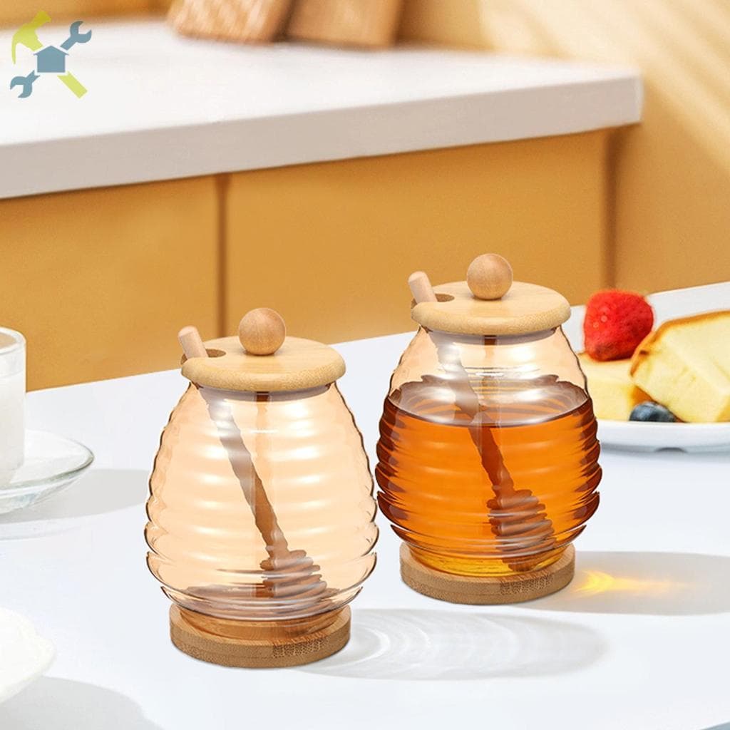 Pote De Mel De Vidro 450ml Com Jarra Boca Larga Bandeja De Base De Bambu E Tampa Para Mesa De Jantar SHOPCYC7430