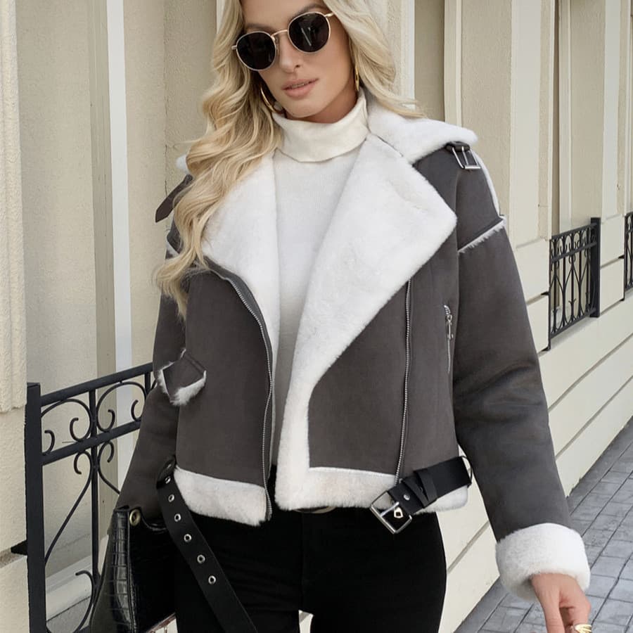 Moda lapela jaqueta de pelúcia outono inverno quente Casual jaqueta feminina