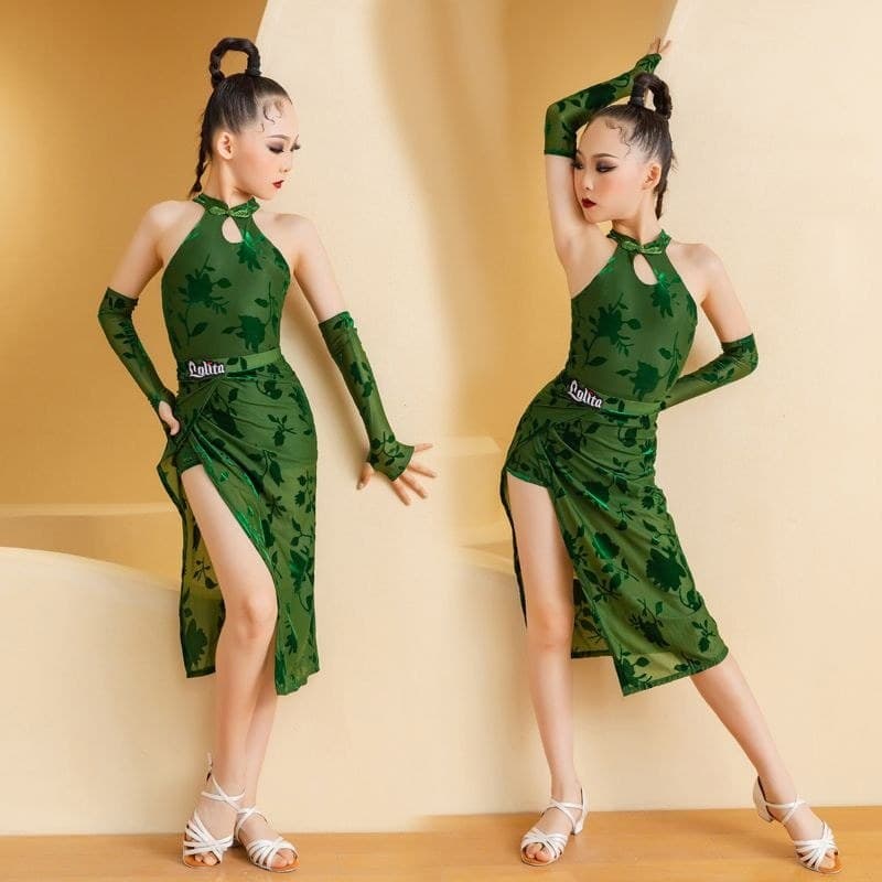 Novo estilo Cheongsam roupas de dança latina tecido de flor queimada estilo chinês roupas de desempenho dividido meninas
