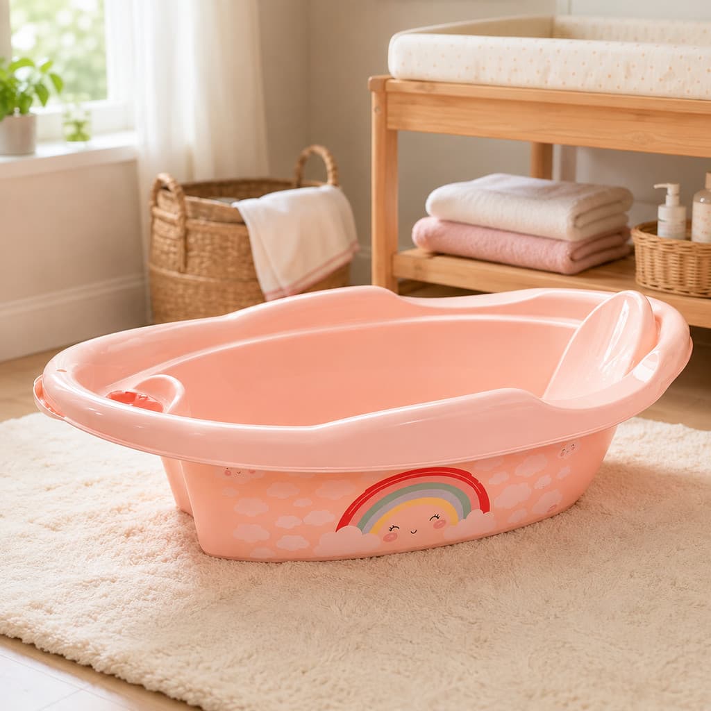 Banheira Infantil Plasútil 21L com Encosto Anatômico Porta-Sabonete e Válvula para Bebê – Escolha a Estampa