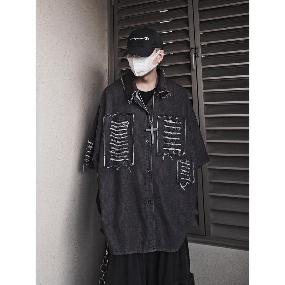 UUCSCC Street Wear Retro Wasteland Estilo vintage Camisa de manga curta Hip-Hop Solto Rasgado VTG Camisa de meia manga
