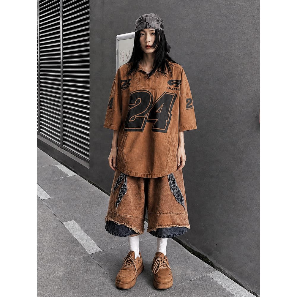 UUCSCC Hip-Hop Street Wear Retro Angustiado Macacão Calças de Cinco Pontos Japonês Solto vintage Rasgado Deni
