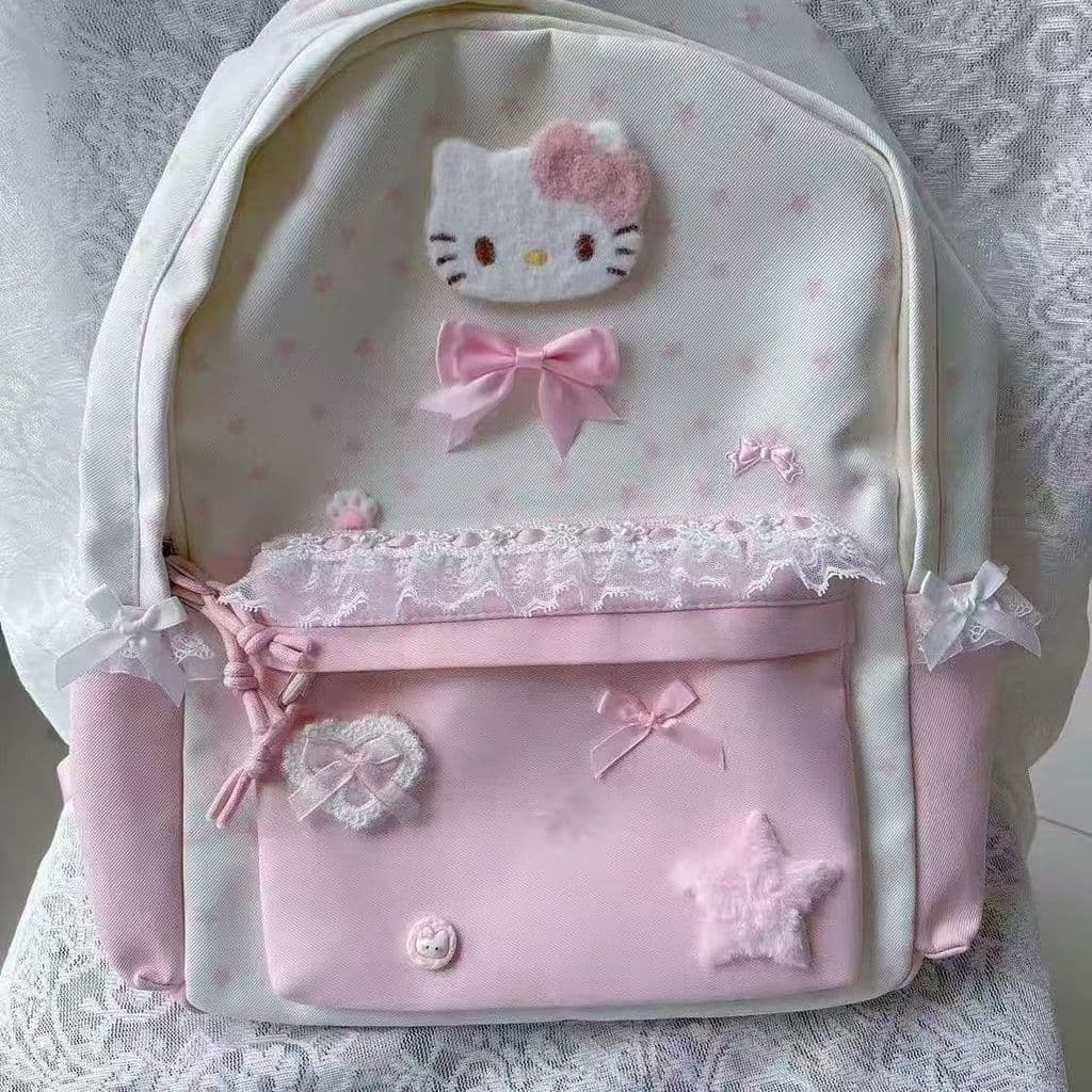 Mochila Hello KT Estrelas Kawaii Escolar Juvenil Notebook 14 Impermeável Estilo Coreano Rosa