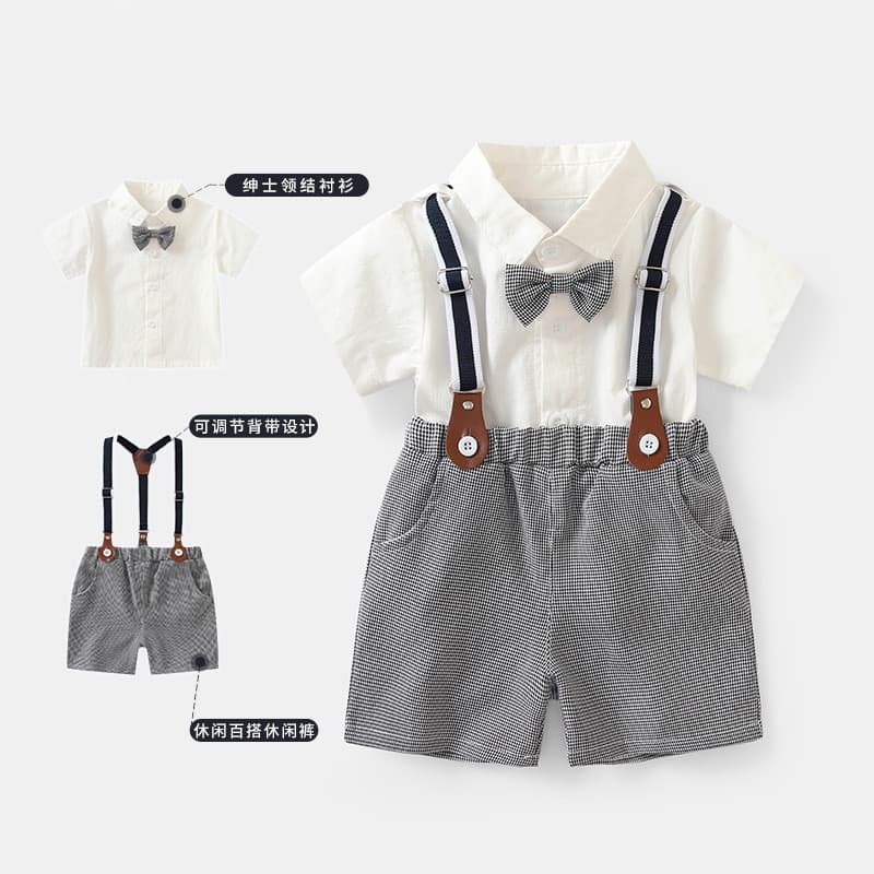 Meninos cavalheiro vestido terno 2026 verão novo estilo crianças de manga curta camisa branca macacão Campus roupas