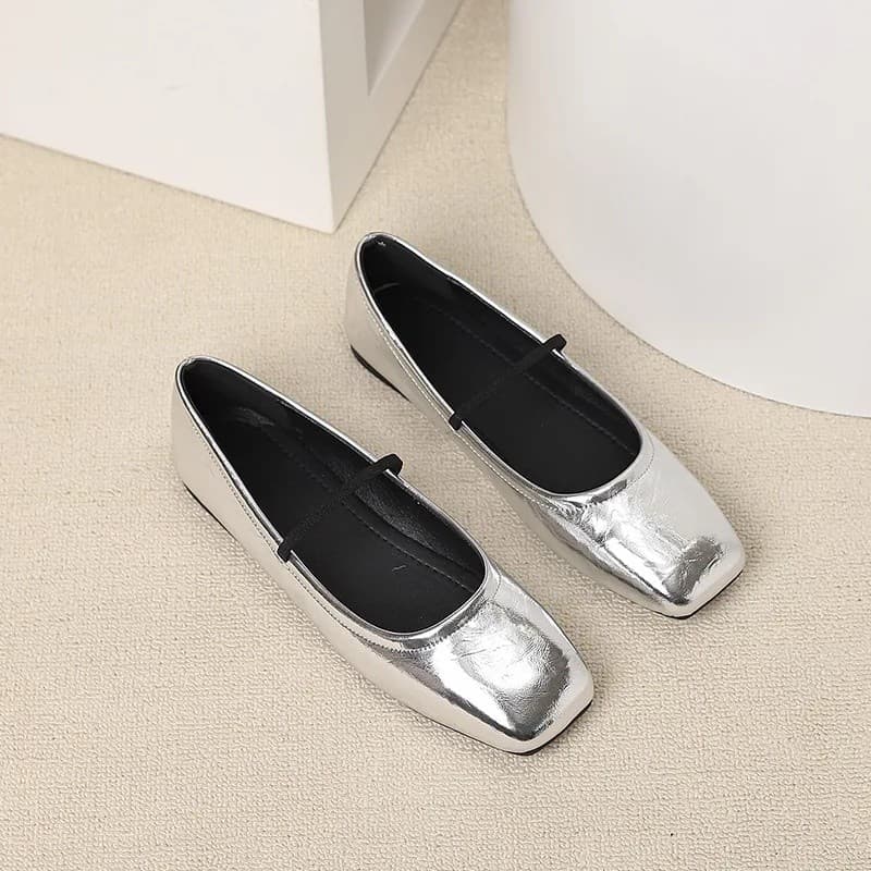 Sapatilhas Mary Jane Femininas com Sola Macia, Estilo Retrô, Bico Quadrado, em Couro Prateado e Dourado, Elegantes para