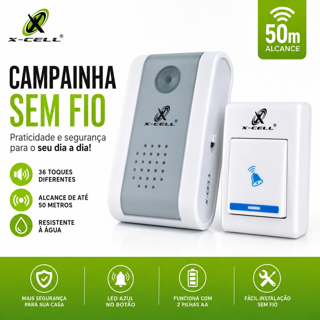 Campainha Sem Fio 50m X-CELL 36 Sons Toques Ajustável LED Azul Resistente à Água XC-CAM-02