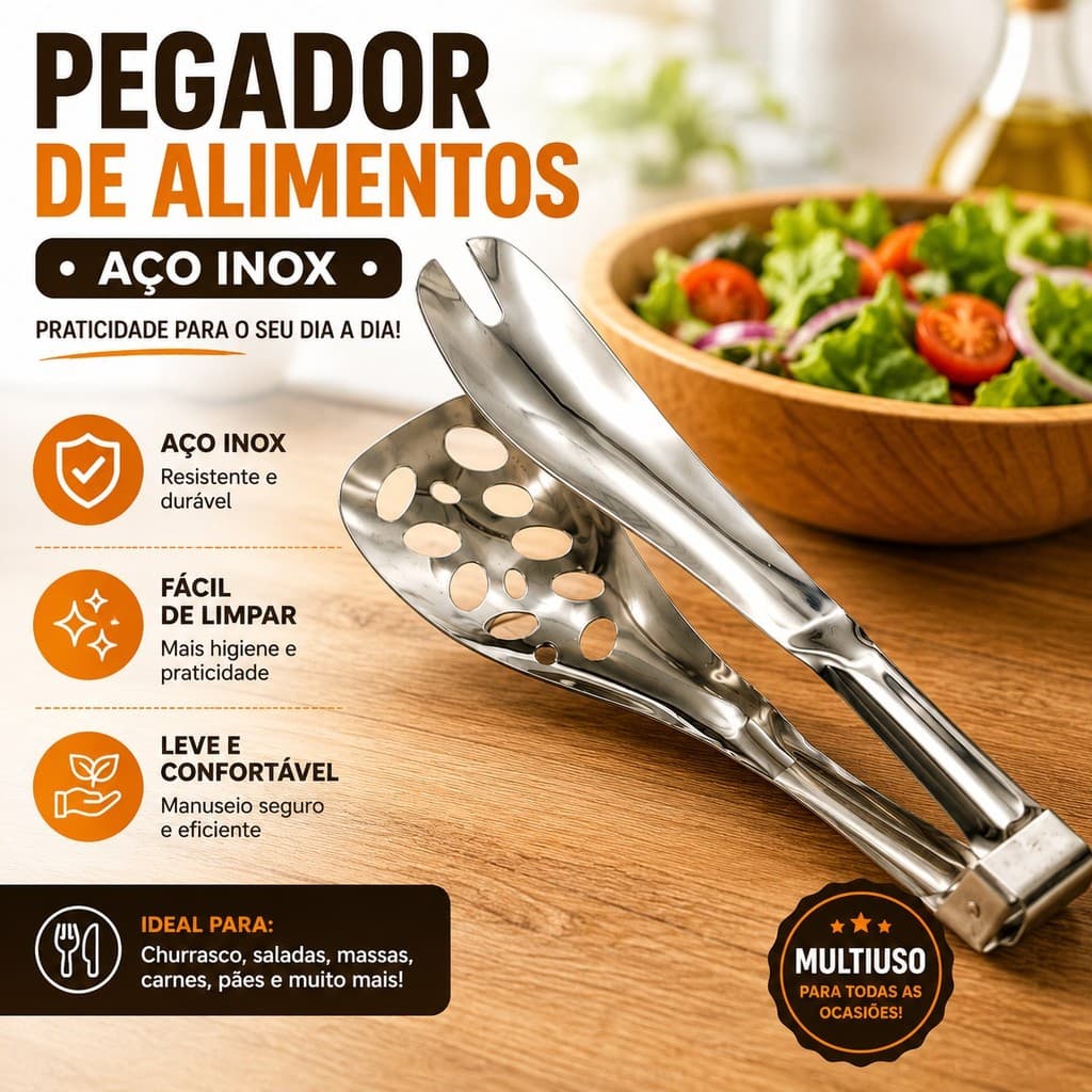 Pegador de Alimentos em Aço Inox Multiuso para Cozinha Churrasco Salada e Massas
