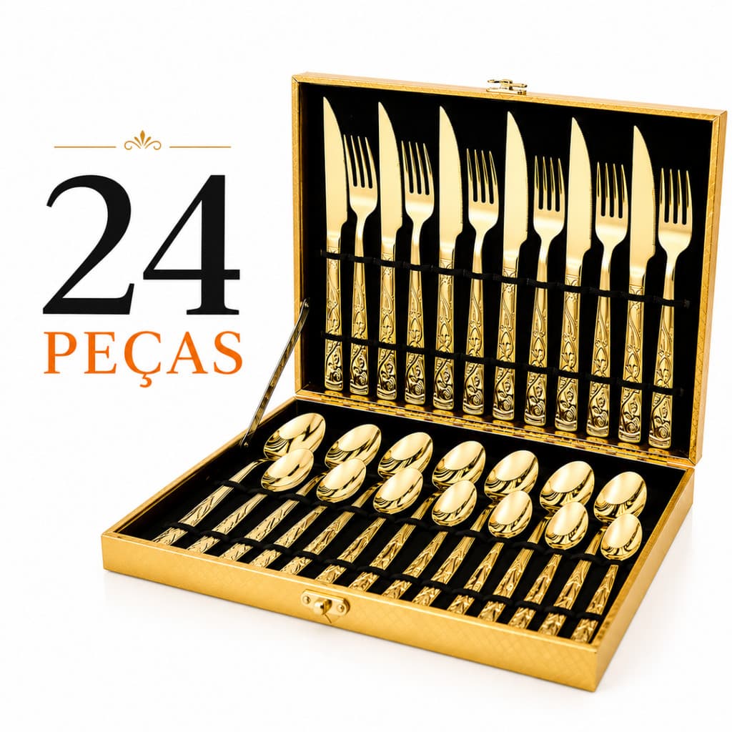 Kit Faqueiro 24 Peças Inox Dourado e Prata com Maleta Talheres Jogo de Mesa Completo