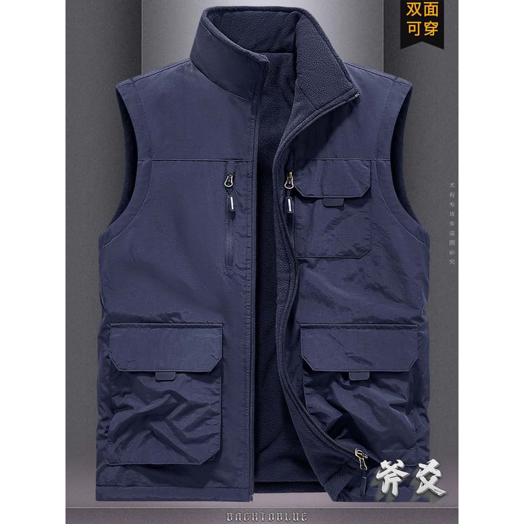 Dupla face usar colete masculino ao ar livre outono inverno Multi-bolso velo colete fotografia colete de pesca masculino