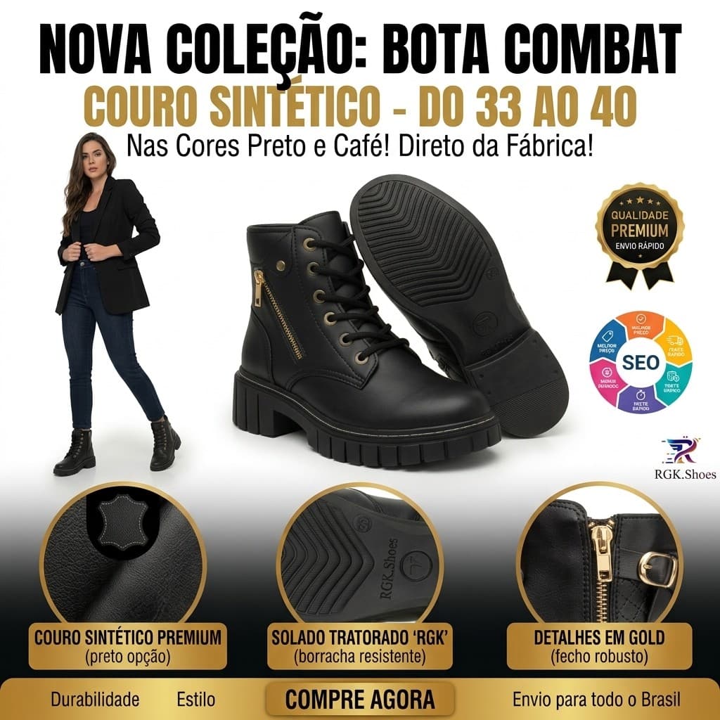 Bota Feminina Preta RGK Cano Curto Zíper Lateral Tratorada Blogueira Confortável Estilosa Inverno Macia Luxo Oferta Top