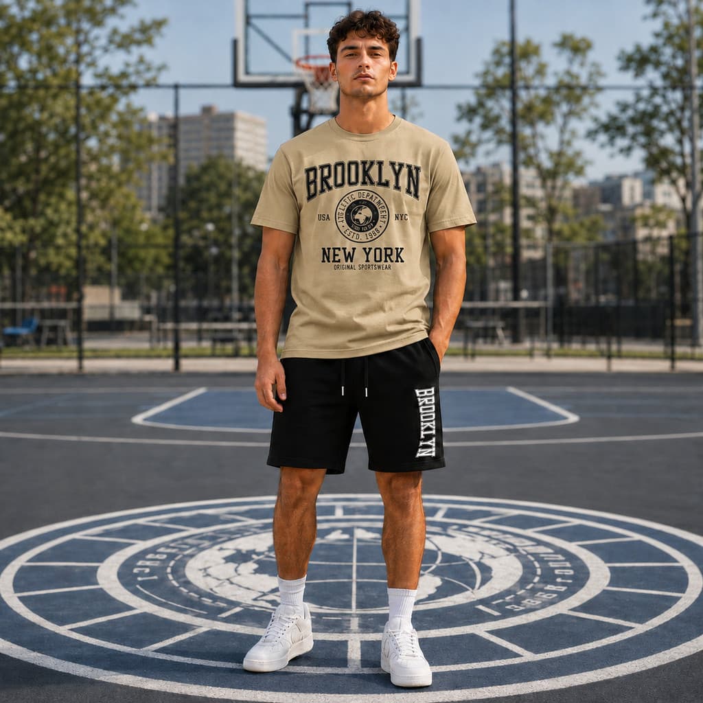 Conjunto Brooklyn Masculino Camiseta e Bermuda Moletom Estampada Algodão Casual Moderna